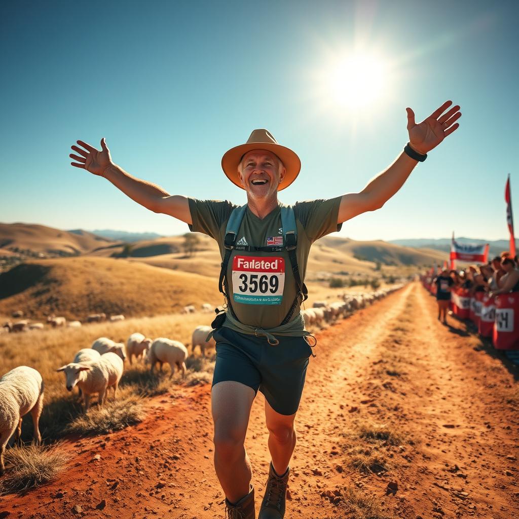 An Australian farmer named Cliff Young, celebrating his victory after winning an ultramarathon, with a joyful expression on his face