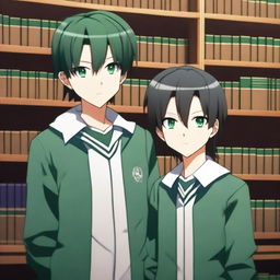 A high-quality 3D rendering of two anime-style high school boys in a library setting, both in the prime of their youth