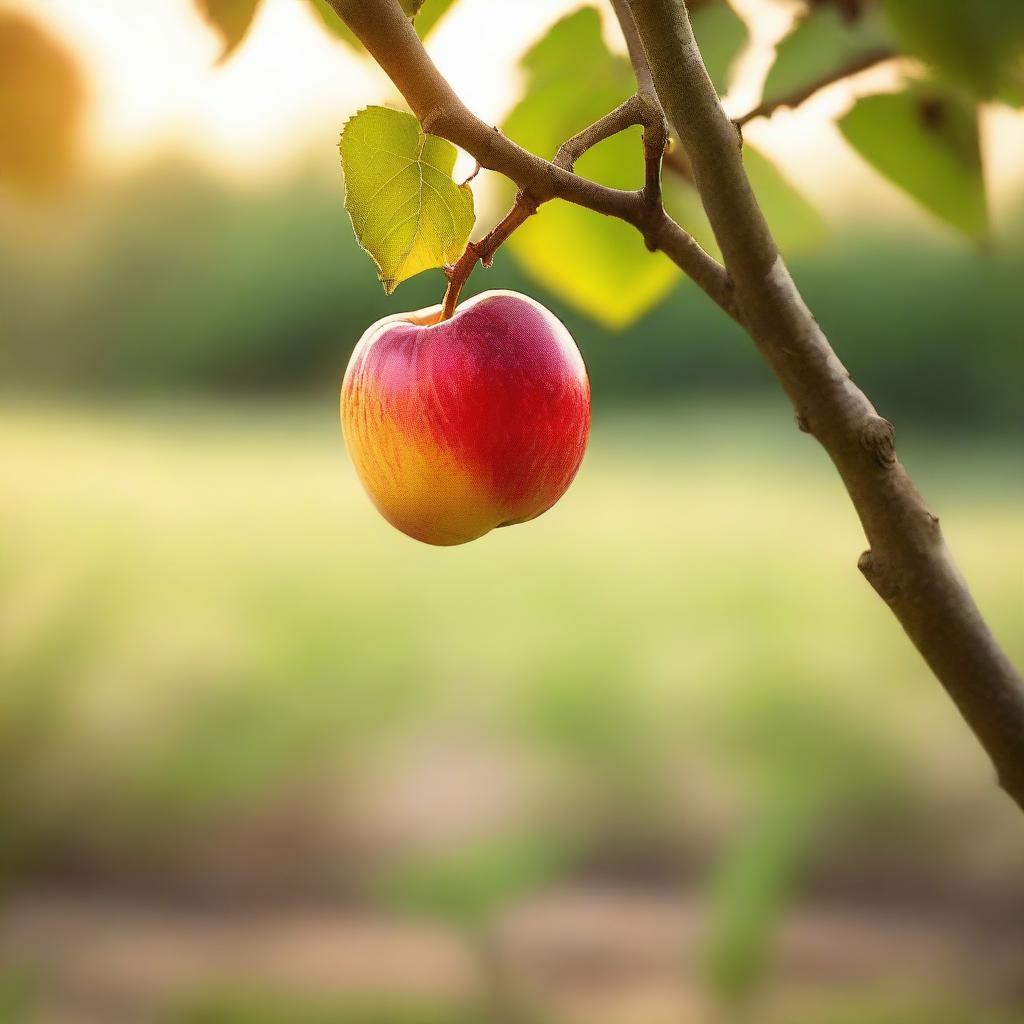 Create an image of a single fruit, hanging from a branch, untouched, in a tranquil orchard during Golden Hour.