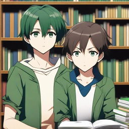 A high-quality 3D rendering of two anime-style high school boys in a library setting, both in the prime of their youth