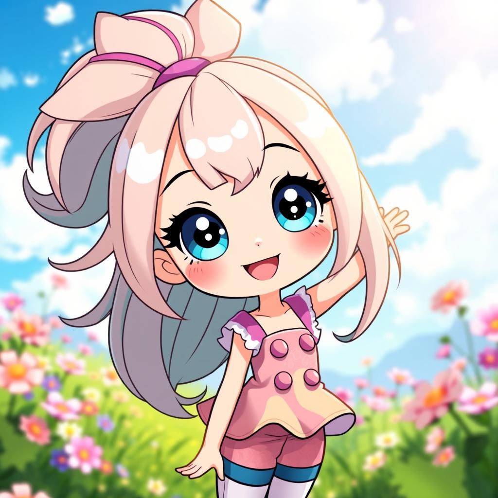 A charming cartoon anime girl with big, sparkling eyes and a cute smile, wearing a colorful, stylish outfit