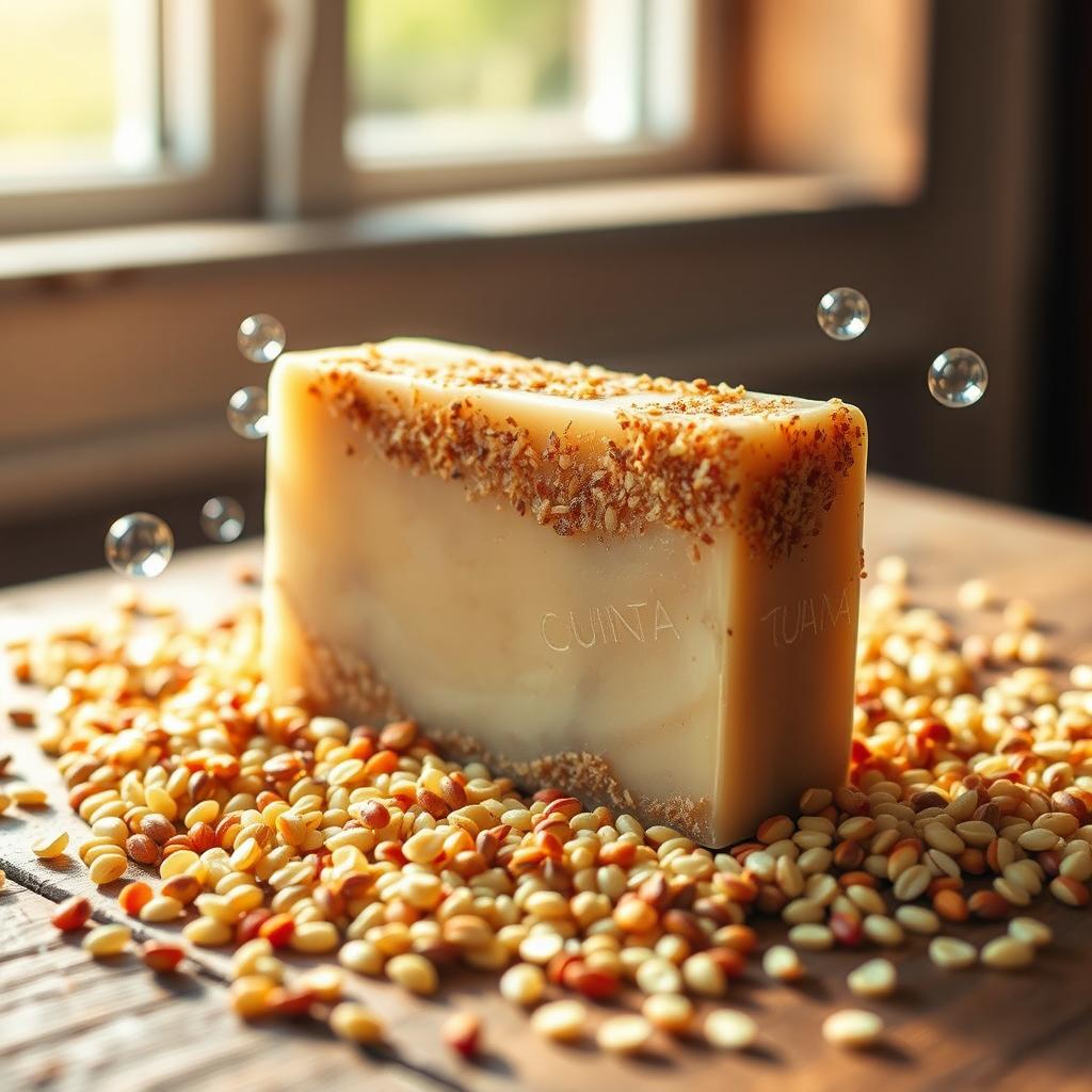 A visually stunning and artistic representation of quinoa soap, featuring a bar of soap infused with quinoa grains, displayed on a rustic wooden table