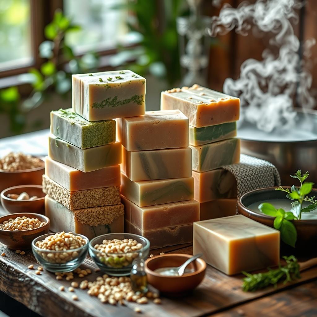 A beautifully arranged display of artisanal quinoa soap bars, showcasing a variety of colors and textures