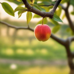 Create an image of a single fruit, hanging from a branch, untouched, in a tranquil orchard during Golden Hour.