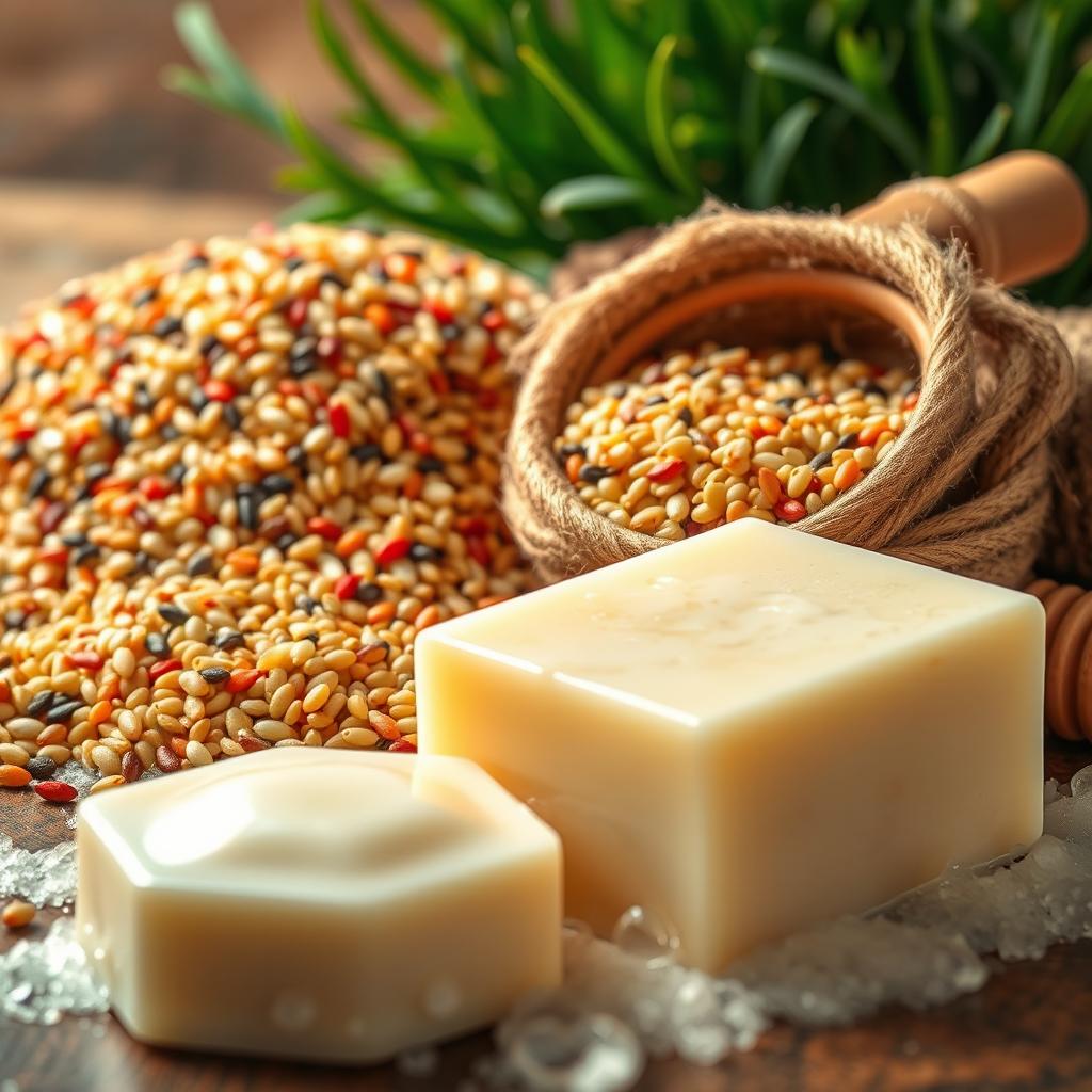 An artistic display of quinoa grains being processed into soap