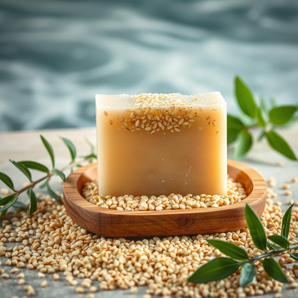 An artistic depiction of quinoa soap as the central focus, showcasing a luxurious bar of soap infused with quinoa grains