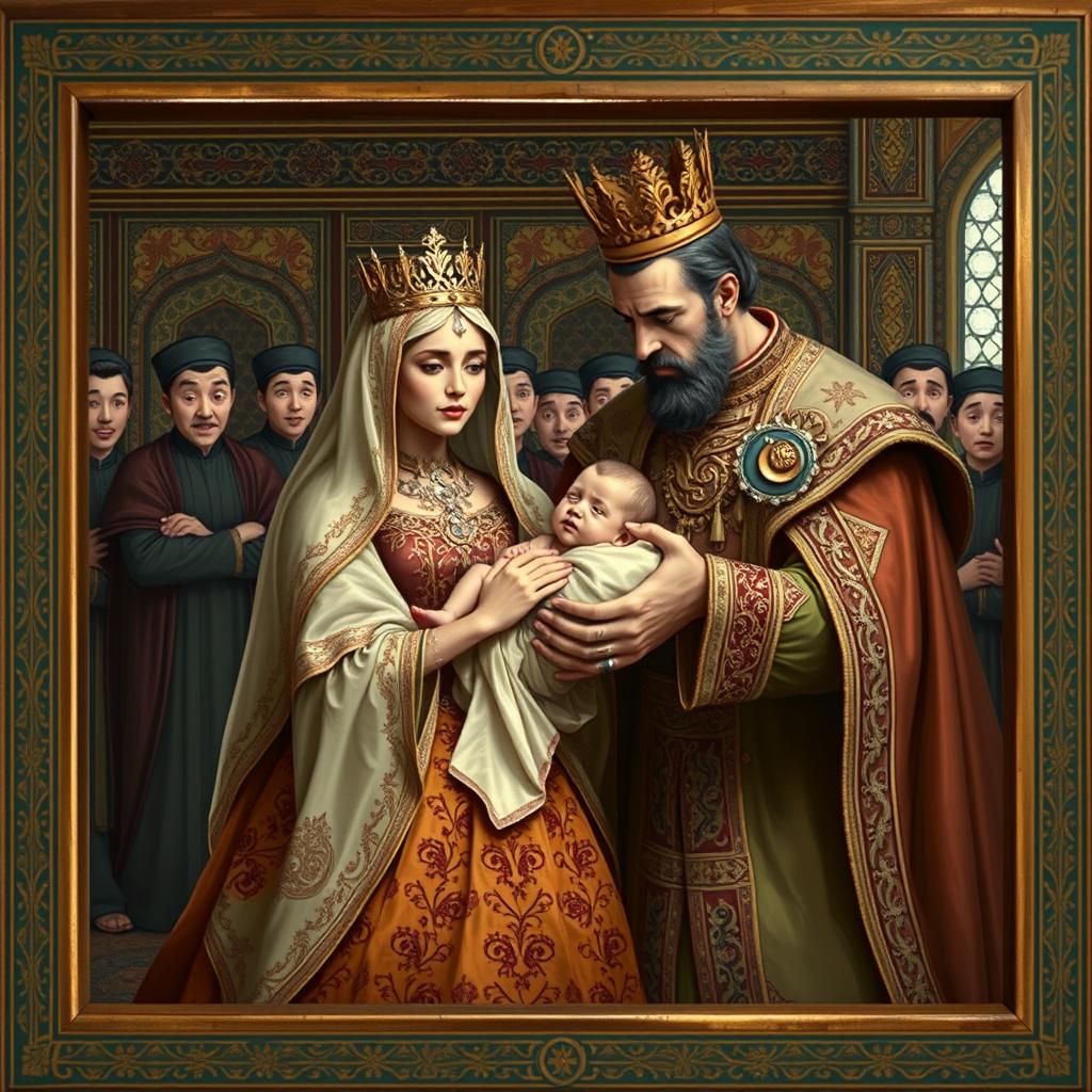 A scene depicting an Iranian queen and king in a rectangular frame