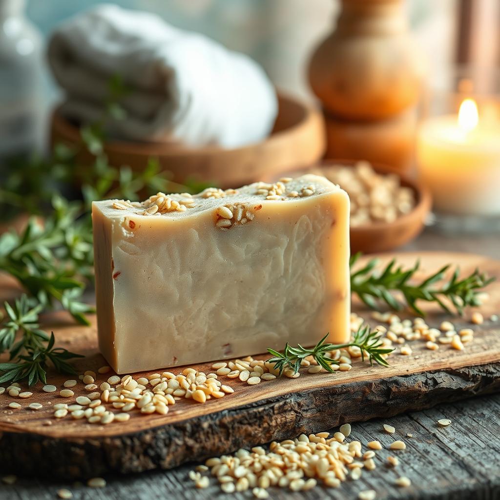 A beautifully arranged scene featuring quinoa soap as the focal point, presented on a rustic wooden surface
