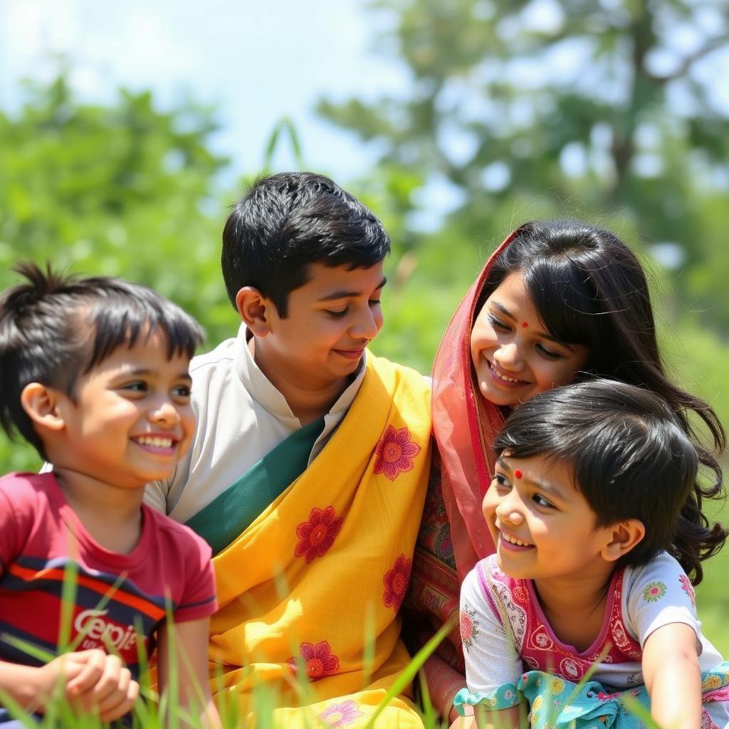 A joyful scene of a Tamil family enjoying a sunny day outdoors