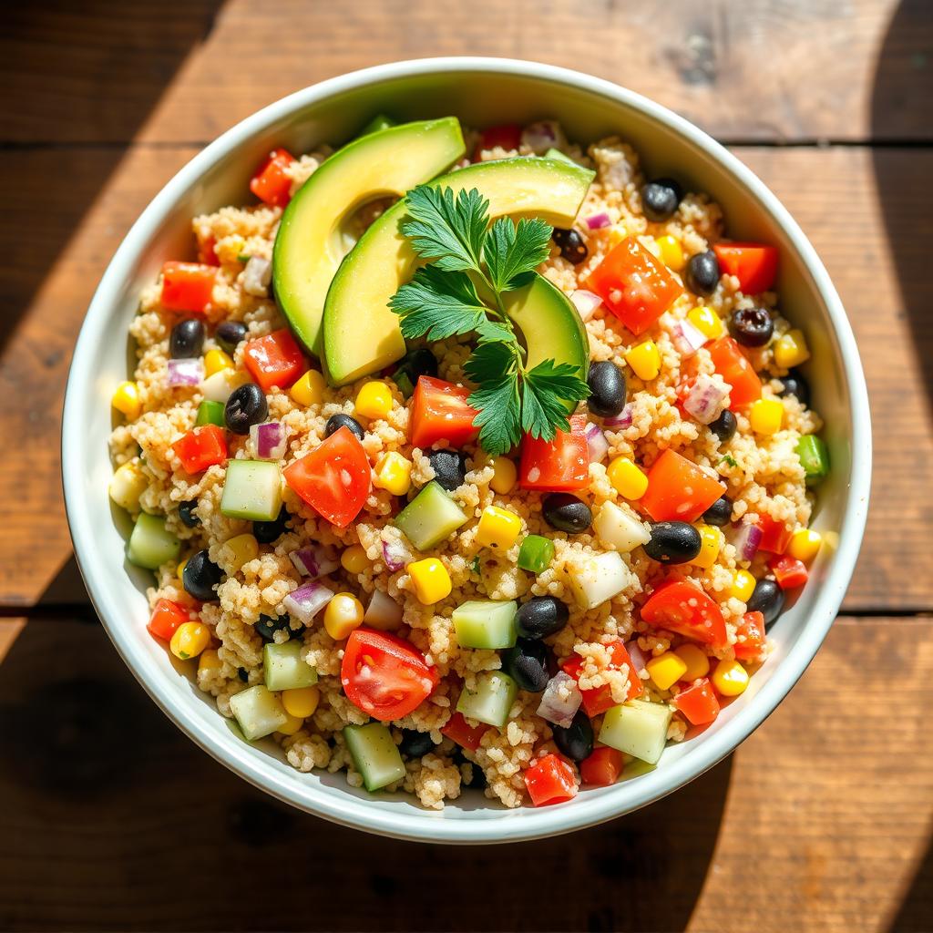 A vibrant and colorful bowl of quinoa salad, featuring a mix of fluffy quinoa grains, diced tomatoes, diced cucumbers, red onion, corn, and black beans, all tossed together with a light lemon vinaigrette dressing