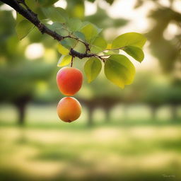 Create an image of a single fruit, hanging from a branch, untouched, in a tranquil orchard during Golden Hour.