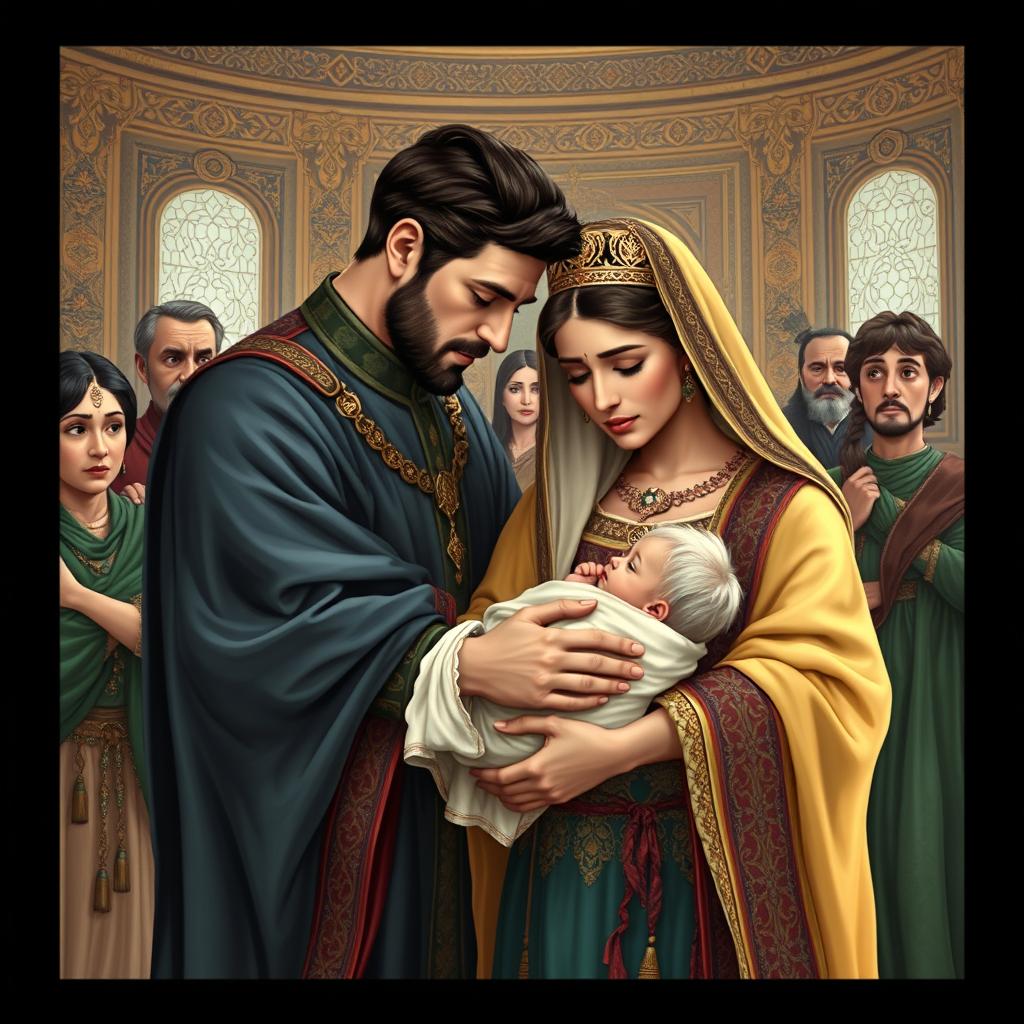 An Iranian queen and king embracing each other, with the king's arm around the queen's shoulders