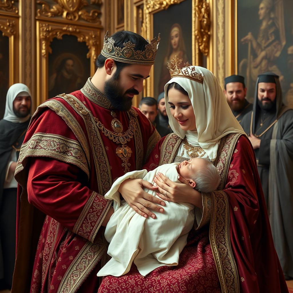 An Iranian king and queen in traditional royal attire, the king has his arm around the queen's shoulders, embracing her affectionately