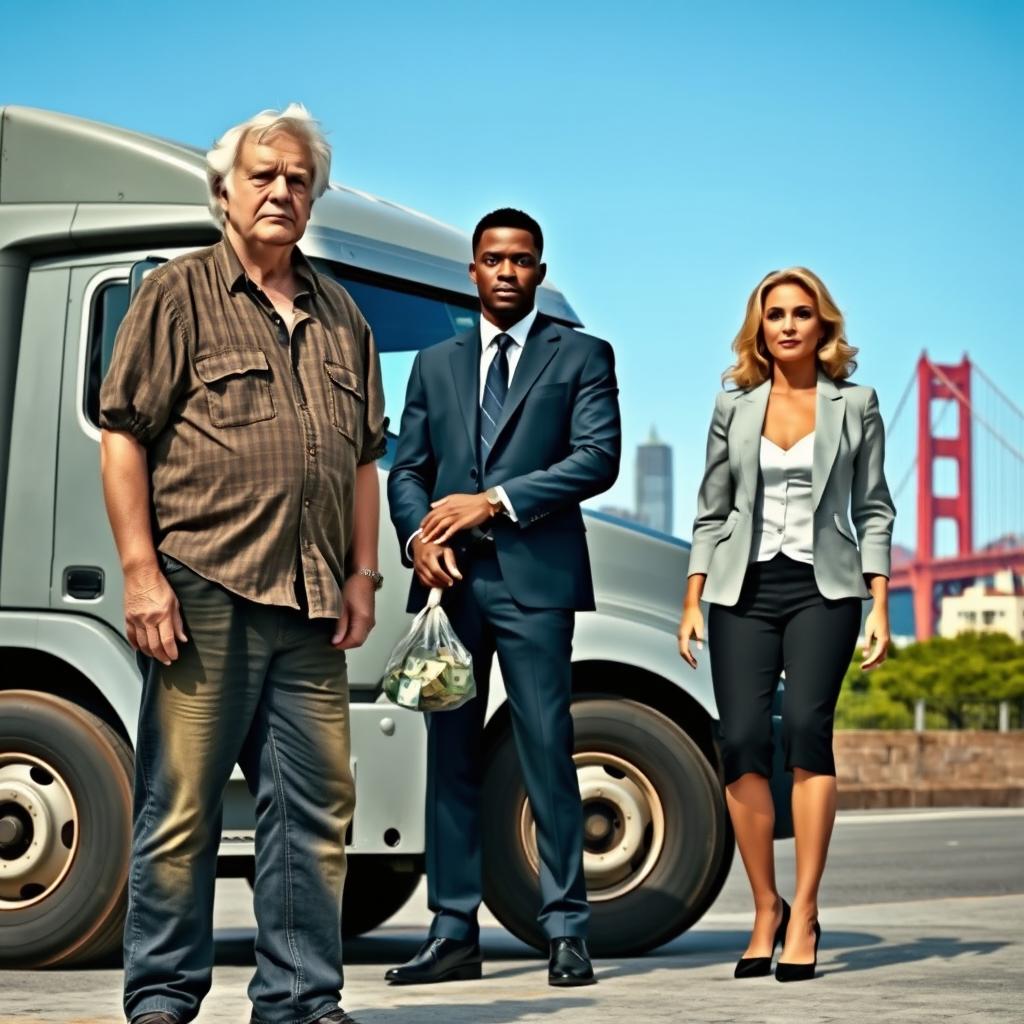A scene depicting three people in an urban environment