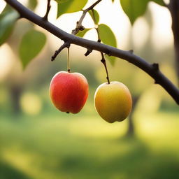 Create an image of a single fruit, hanging from a branch, untouched, in a tranquil orchard during Golden Hour.