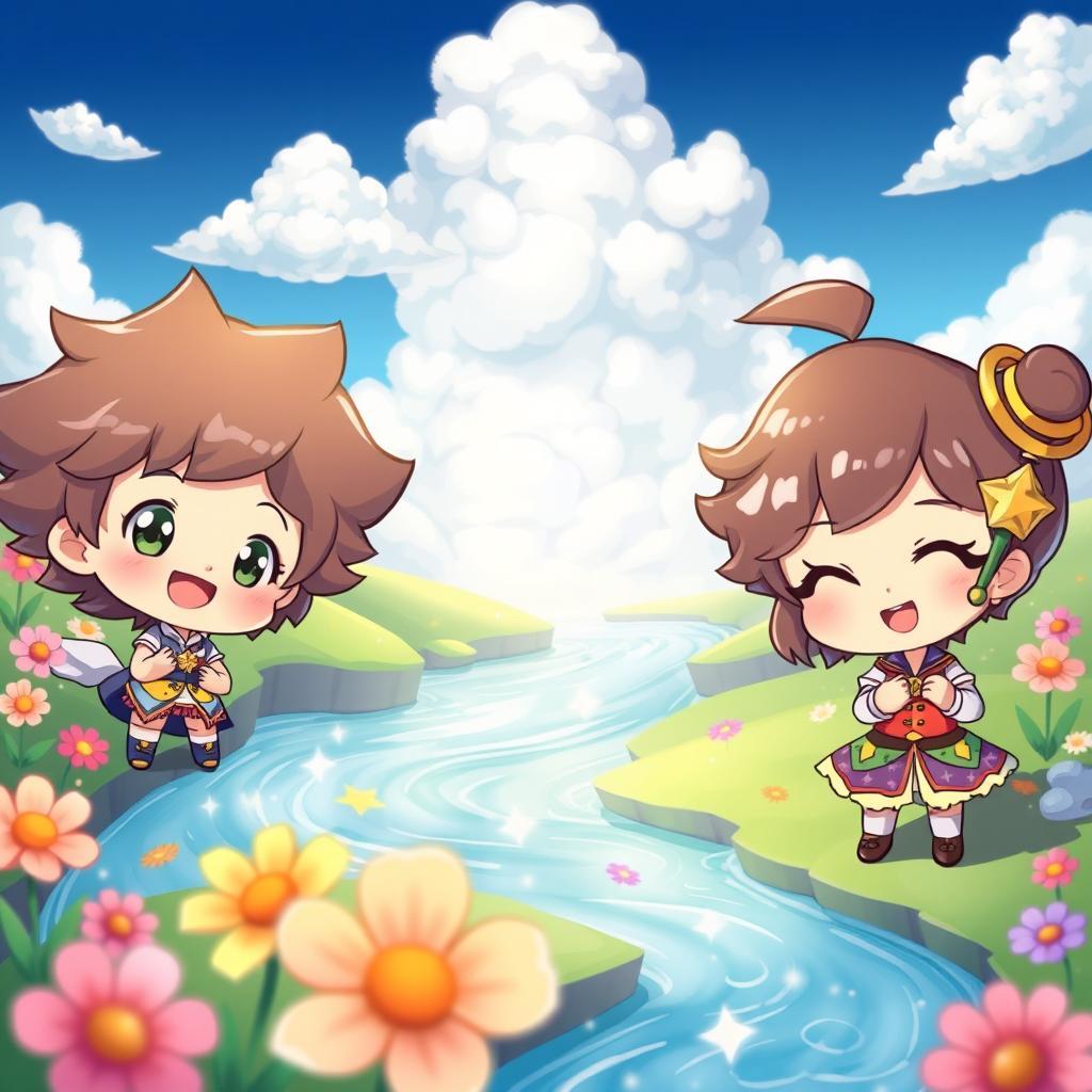 A delightful scene featuring chibi characters with oversized heads and small bodies, showcasing their cute and whimsical expressions