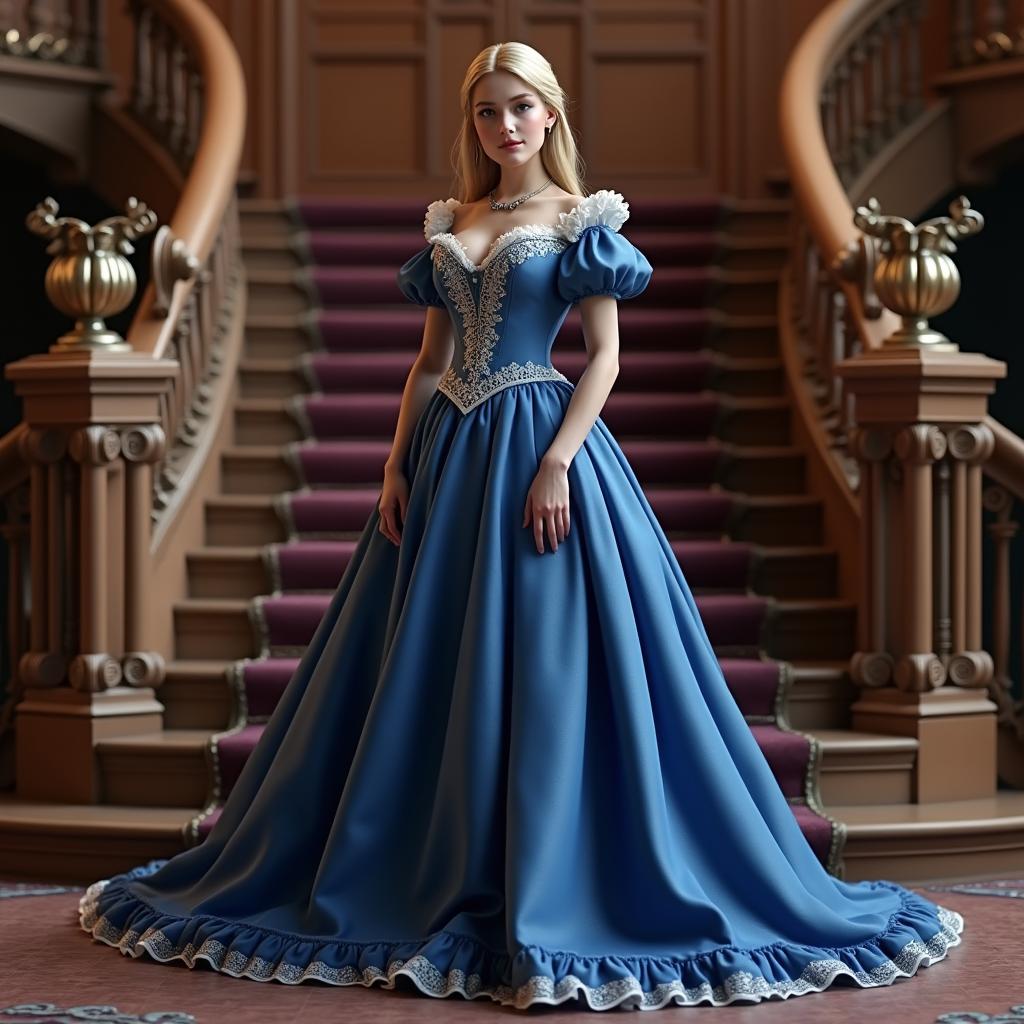 A hyper-realistic 3D-rendered image of a beautiful blonde woman in a stunning 17th century sapphire blue dress adorned with intricate white lace and ruffles at the hem
