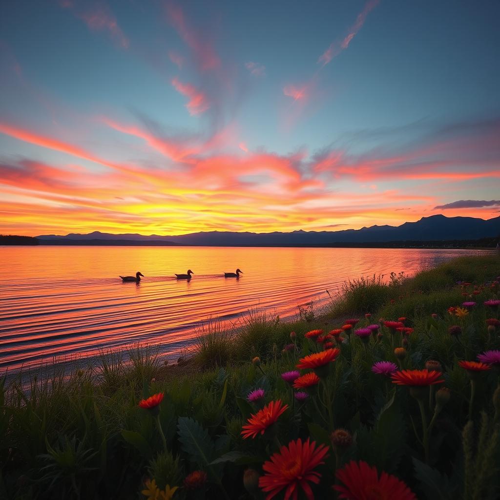 A breathtaking landscape featuring a serene lakeside scene at sunset, with vibrant orange and pink hues reflected on the water's surface