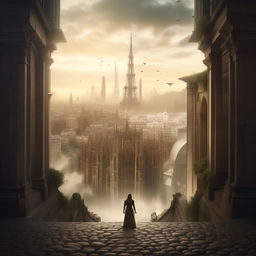 Ultra-detailed image of a mysterious woman approaching a vast, awe-inspiring historic cityscape.