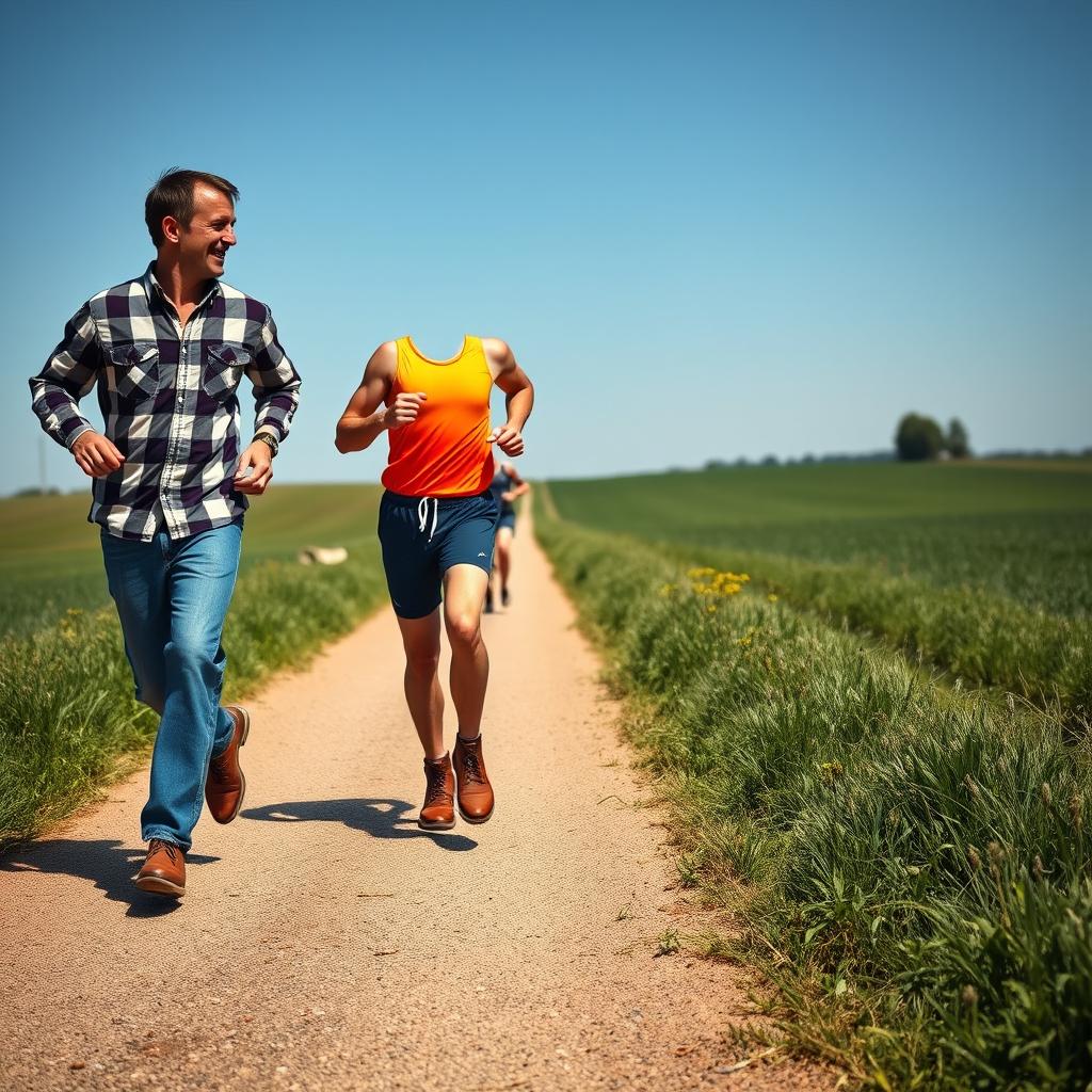 A professional marathon runner playfully mocking an old farmer in boots trying to run