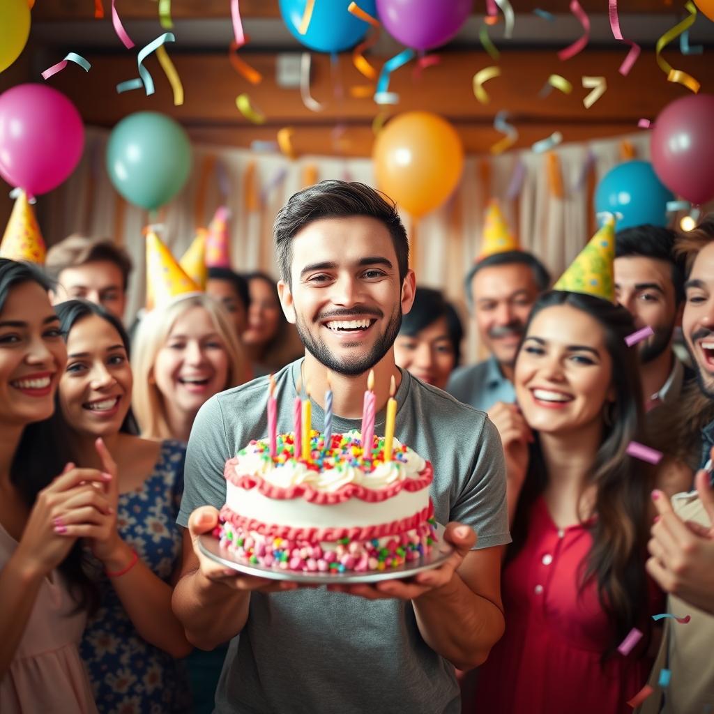 A festive celebration scene featuring a group of people joyfully celebrating, with various colorful decorations and balloons