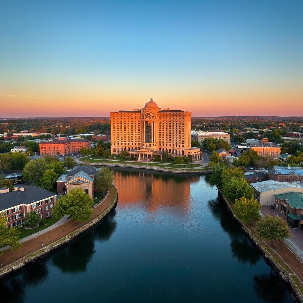 A picturesque view of Little Rock, depicting a mealy, low-rise town along a slow, serene river