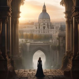 Ultra-detailed image of a mysterious woman approaching a vast, awe-inspiring historic cityscape.