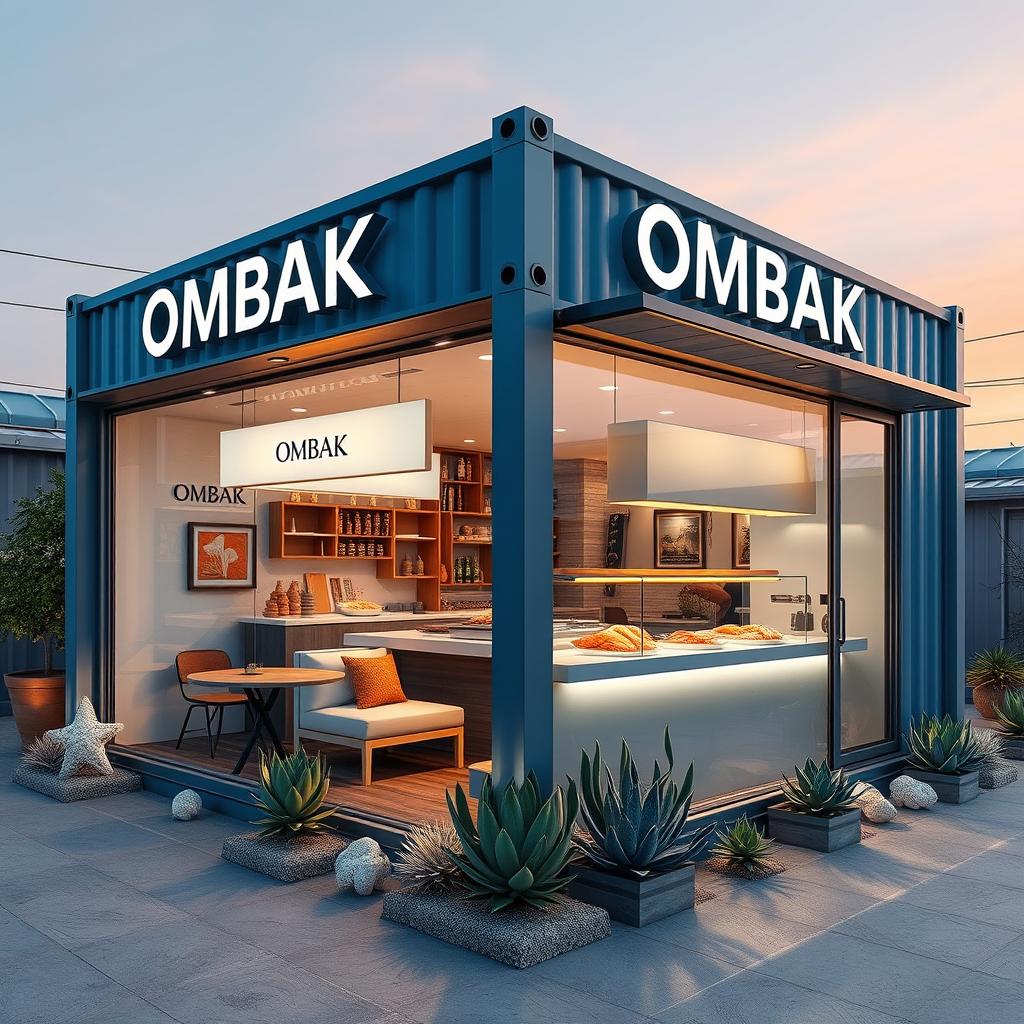 A modern and elegant seafood booth made from a shipping container, named 'OMBAK SEAFOOD'
