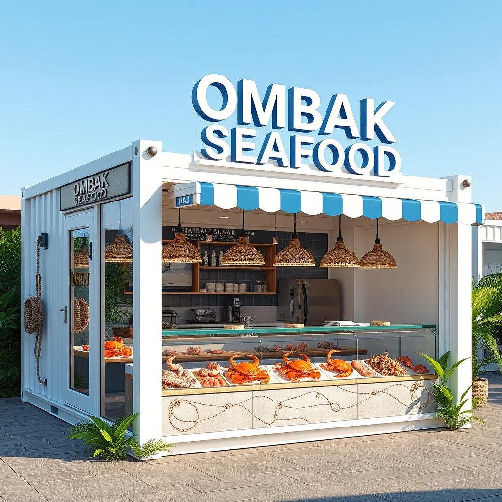 A stylish and elegant seafood container booth named 'OMBAK SEAFOOD', featuring a modern design with large glass windows displaying fresh seafood