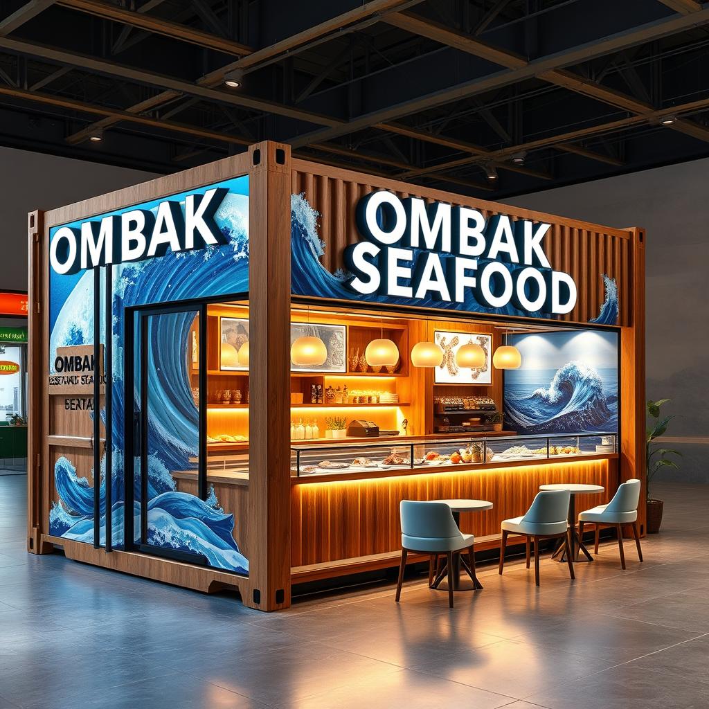 A unique and elegant booth design for a seafood business named 'OMBAK SEAFOOD'