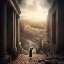 Ultra-detailed image of a mysterious woman approaching a vast, awe-inspiring historic cityscape.