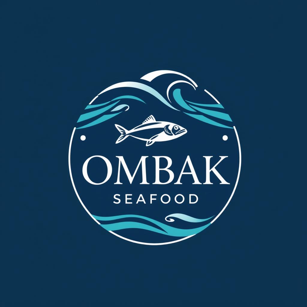 A stylish and modern circular logo for a seafood restaurant named 'OMBAK SEAFOOD'