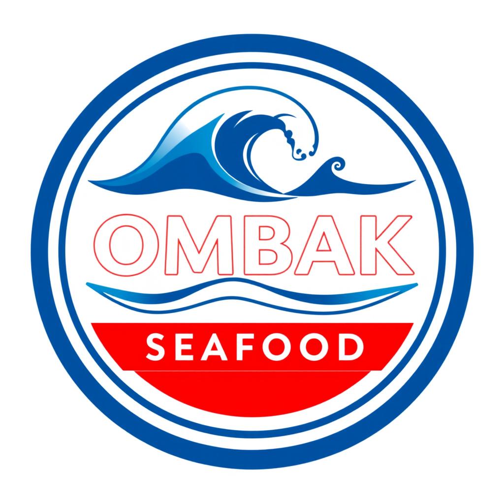 A round logo design for a seafood restaurant named 'OMBAK SEAFOOD'