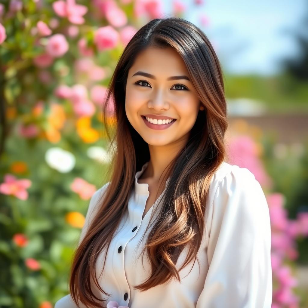 A confident young woman with long flowing brunette hair, wearing a white blouse and a light pink blouse, standing outdoors in a sunlit garden filled with blooming flowers and greenery