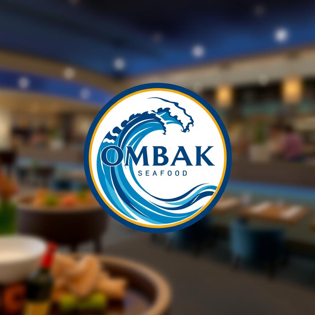 A round logo design for a seafood restaurant named 'OMBAK SEAFOOD'