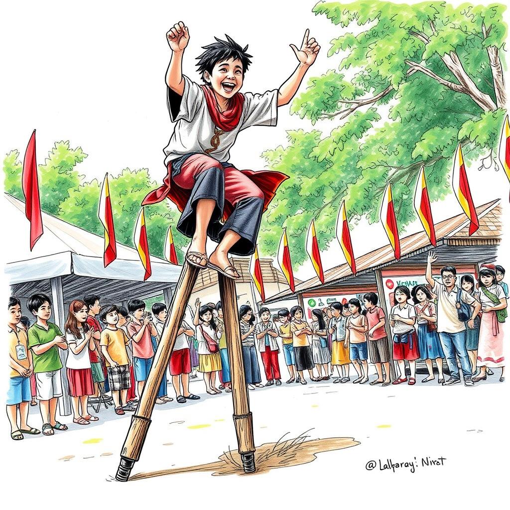 A detailed sketch of an enggrang, an Indonesian traditional game where players perform balancing stunts on high stilts, creating an exciting and dynamic scene