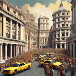 Generate an image with a 50% division, one half depicting ancient Rome with classic architecture, gladiators, and Roman citizens, the other half showcasing modern-day New York City with its bustling streets, towering skyscrapers, yellow cabs, and busy people.