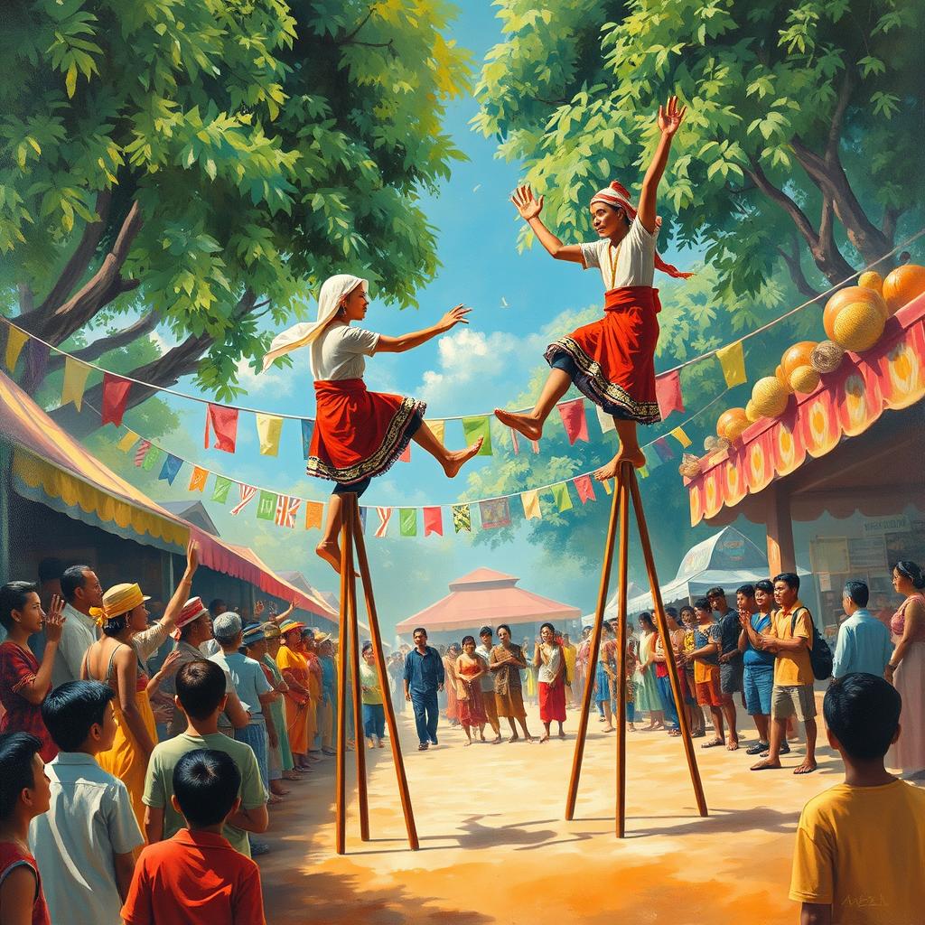 A captivating artwork focused on the theme of 'enggrang', depicting a vibrant scene of the traditional Indonesian game involving players skillfully balancing on high stilts
