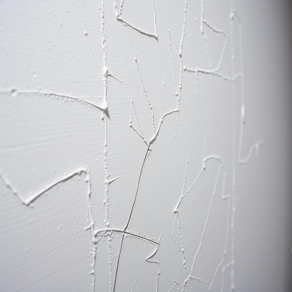 A close-up view of a white wall with detailed, artistic scratches and markings