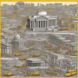 Generate an image with a 50% division, one half depicting ancient Rome with classic architecture, gladiators, and Roman citizens, the other half showcasing modern-day New York City with its bustling streets, towering skyscrapers, yellow cabs, and busy people.