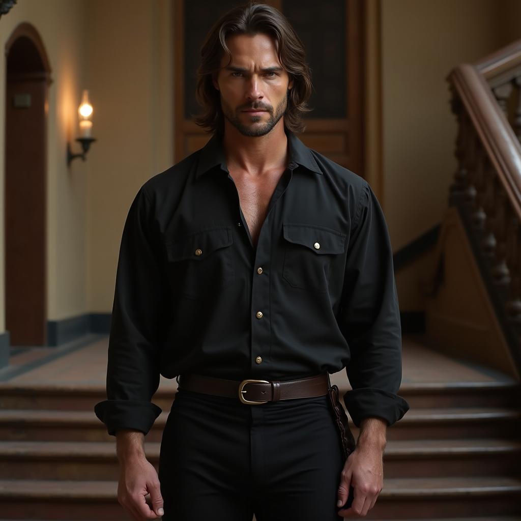 A handsome brawny man from the 17th century with shoulder-length dark brown hair