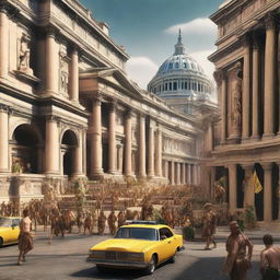 Generate an image with a 50% division, one half depicting ancient Rome with classic architecture, gladiators, and Roman citizens, the other half showcasing modern-day New York City with its bustling streets, towering skyscrapers, yellow cabs, and busy people.