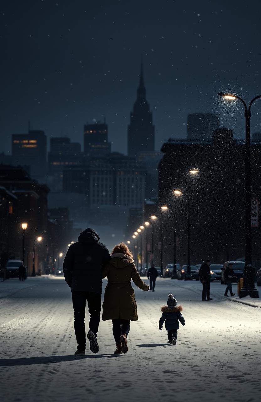 A dark and atmospheric cityscape of Syracuse during a snowfall, featuring a young couple walking hand in hand through the softly falling snow