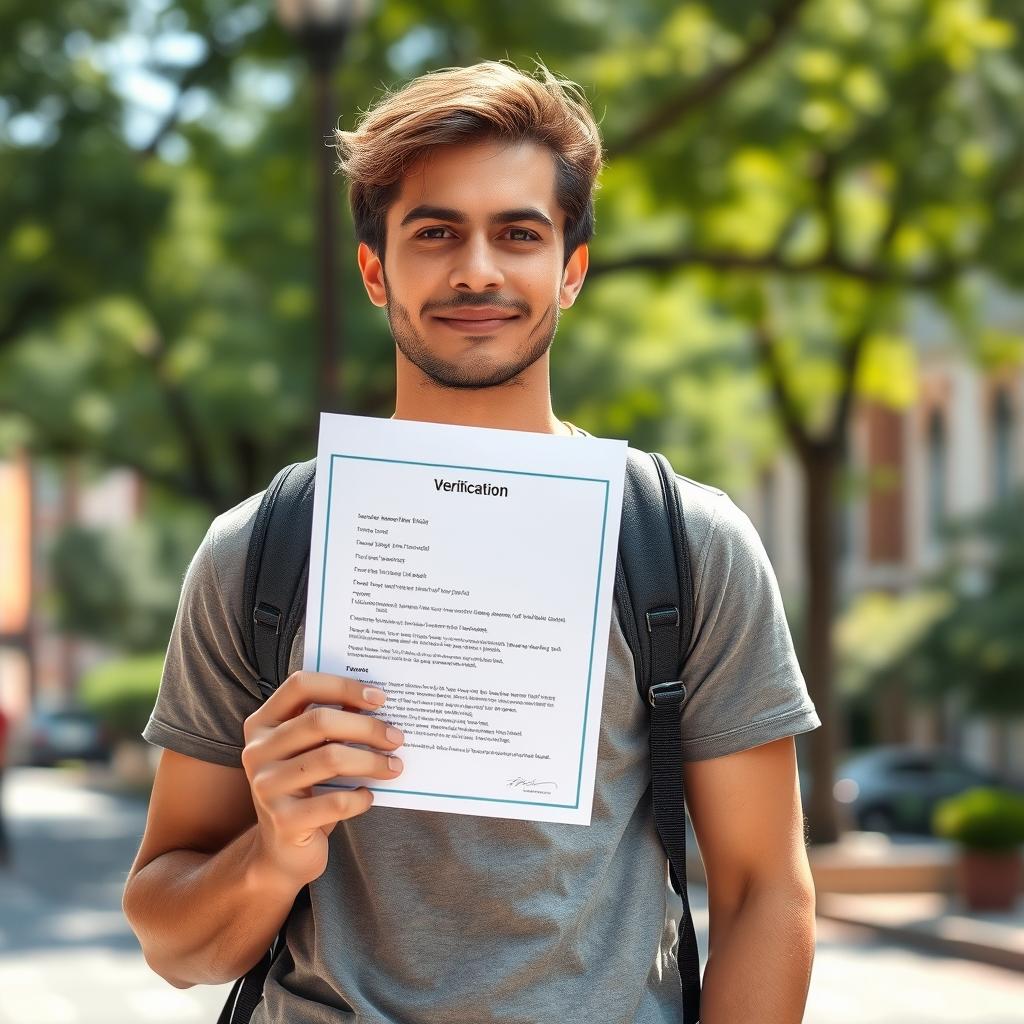 A confident adult person standing outdoors, holding a verification paper in their hand