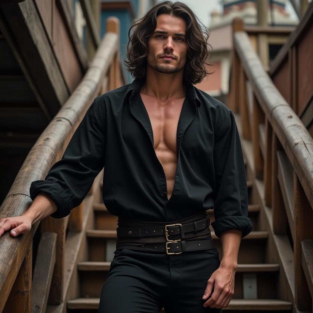 A handsome 17th century brawny pirate man with shoulder-length dark brown hair, wearing a loose-fitting, pullover, long-sleeved black linen shirt and 17th century tight black breeches against his muscled legs