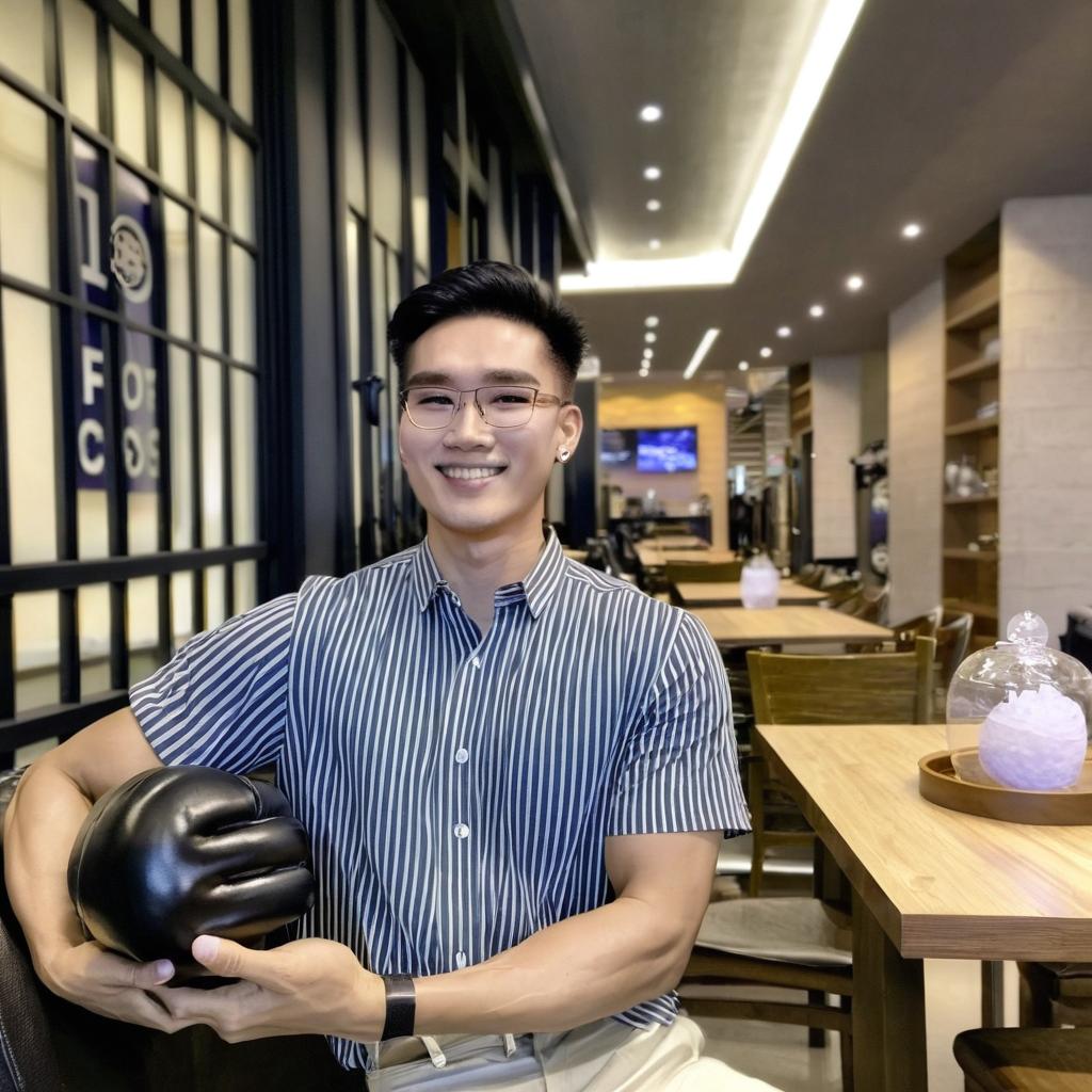 Confident Young Man in Cozy Coffee Shop – AI-Generated Image