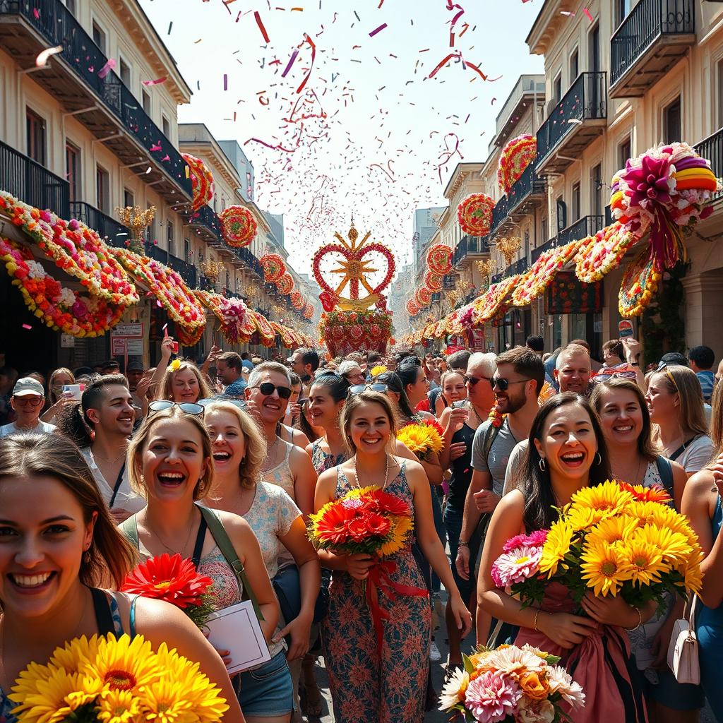 A vibrant street parade scene filled with people joyfully celebrating, dressed in colorful clothing, carrying bright flowers
