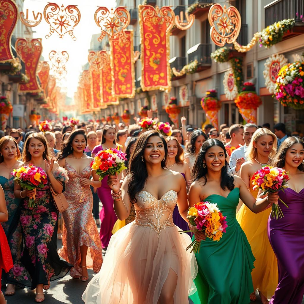 A festive street parade featuring a diverse group of people celebrating together, adorned in elegant outfits, each carrying vibrant bouquets of flowers