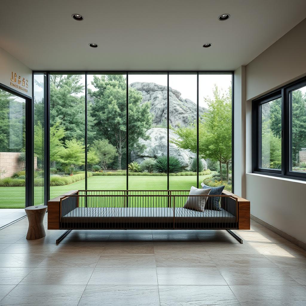 A modern styled living room influenced by Iranian culture, featuring a central focus on a metal sofa bench with beech wood accents