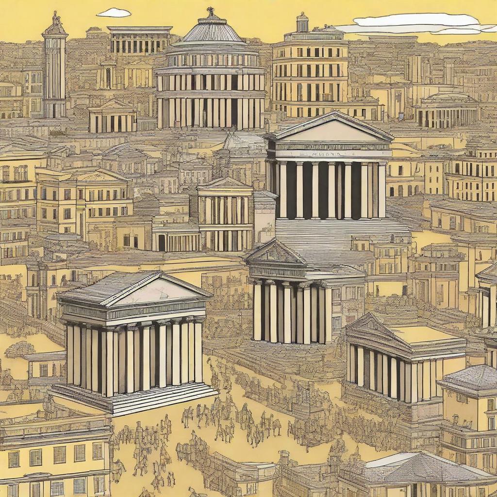 Generate an image representing either ancient Rome with its classical architecture, gladiators, and Roman citizens or modern-day New York City with skyscrapers, busy streets, and yellow cabs, chosen at random.